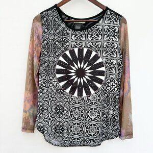 Desigual Women's Long Sleeve Geometric Print Top Sheer Floral Sleeves Size Small